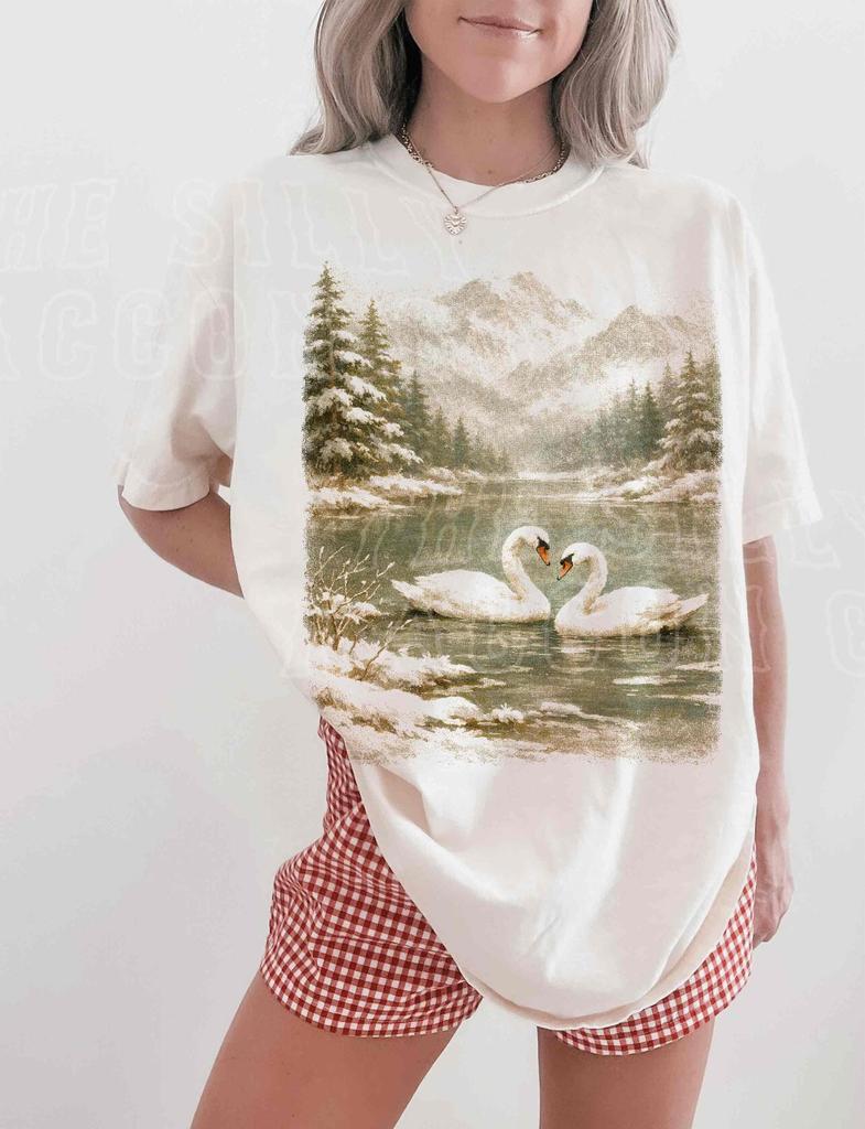 Vintage Swan Winter Scene T-Shirt – Romantic Wildlife Art Tee