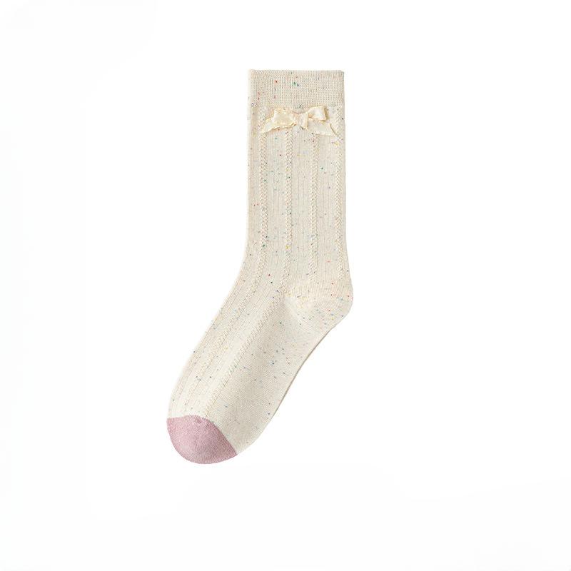 Female Autumn and Winter Striped Bow Lace Lace College Style Breathable Sweat Absorbing Tube Cotton Socks