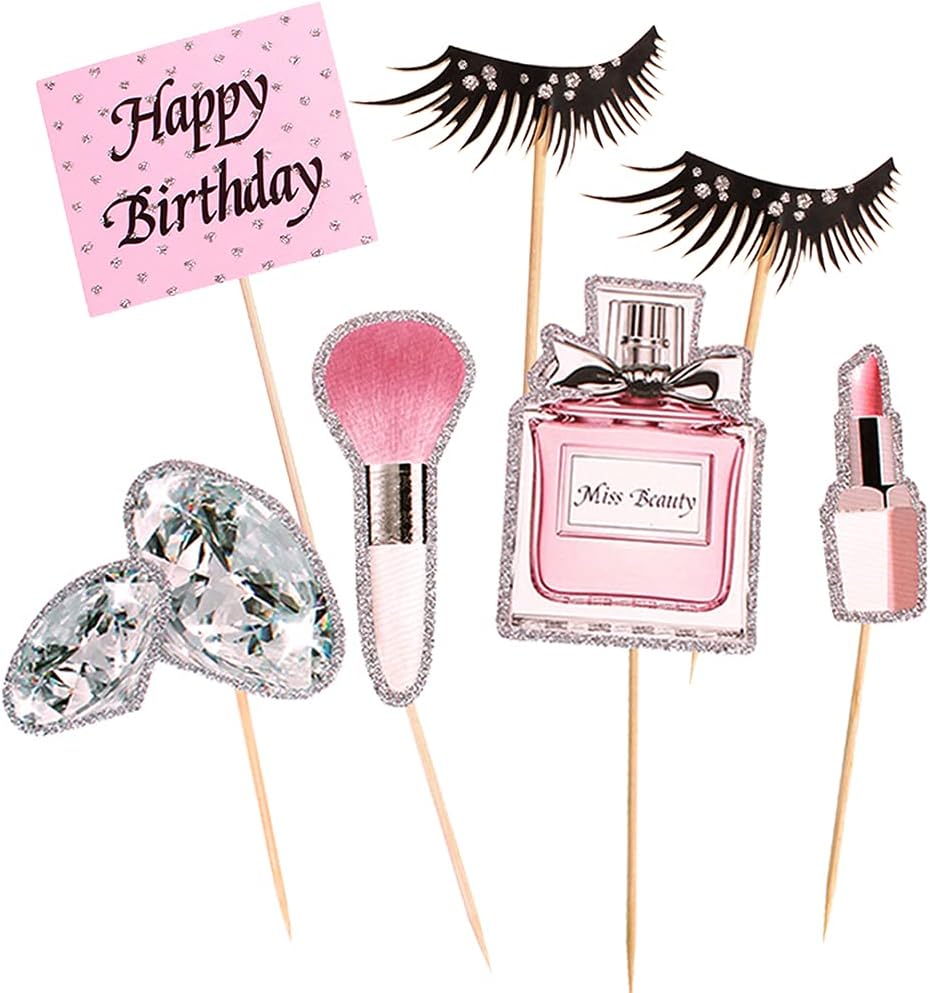 7 STÜCKE Make-up Cupcake Topper Glitzer Kosmetik Lippenstift Wimpern Kuchenspieße Königin Parfüm Wimper Diamant Pinsel Kuchen Topper Set