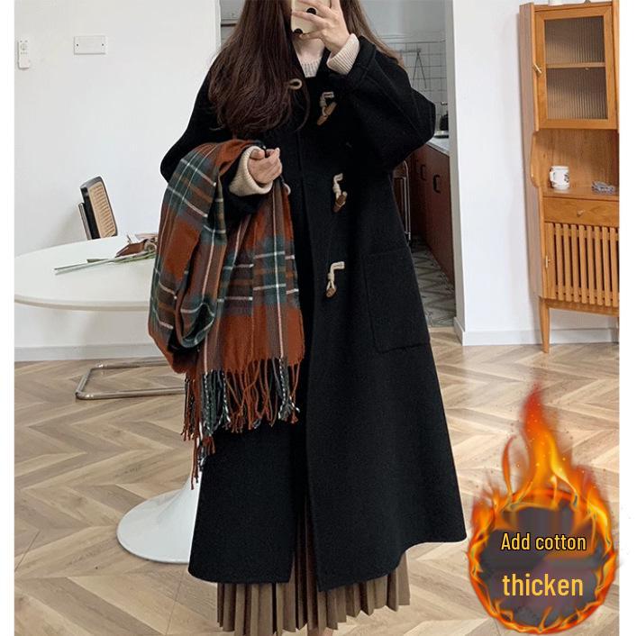 Hepburn Style Mid-Length Black Horn Buckle Wool Coat for Petite Women - 2025 Autumn/Winter Collection