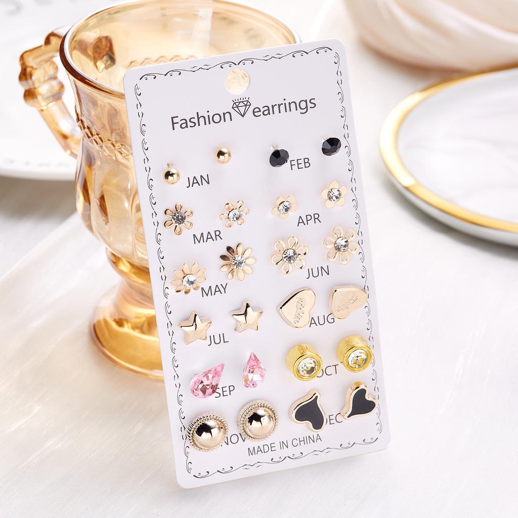 12 Paar/Set Kristall Imitierte Perlen Steckerohrringe Sets Für Frauen Glitzernde Strassblume Mond Stern Metallohrringe Gemischter Schmuck