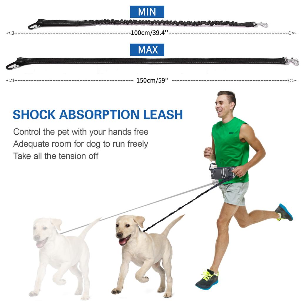 Hands Free Dog Leash Waist Bag Reflective Waist Pouch with Retractable Bungees Poop Bag Dispenser