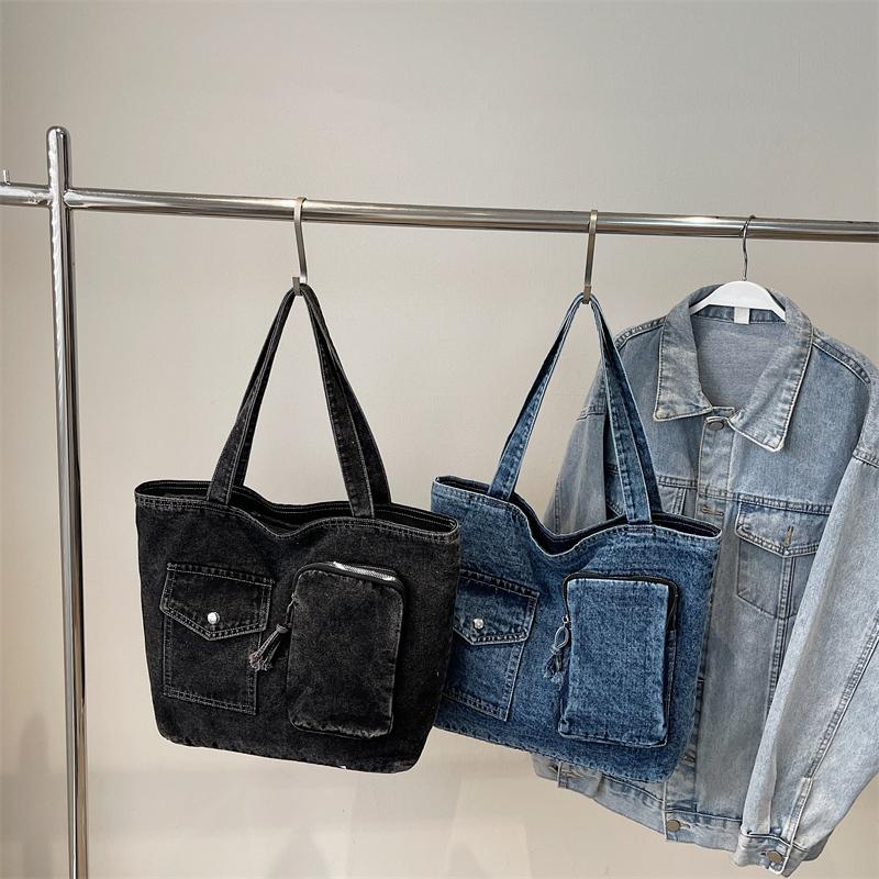 New Denim Solid Color Zipper Shoulder Bags  Large Capacity Women's Handbags High Quality Sweet Daily Commute Handbags