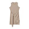 Women Sleeveless Round Neck Dress Pleated Bow Belt Irregular Hem Minimalist Elegant Chic Wear