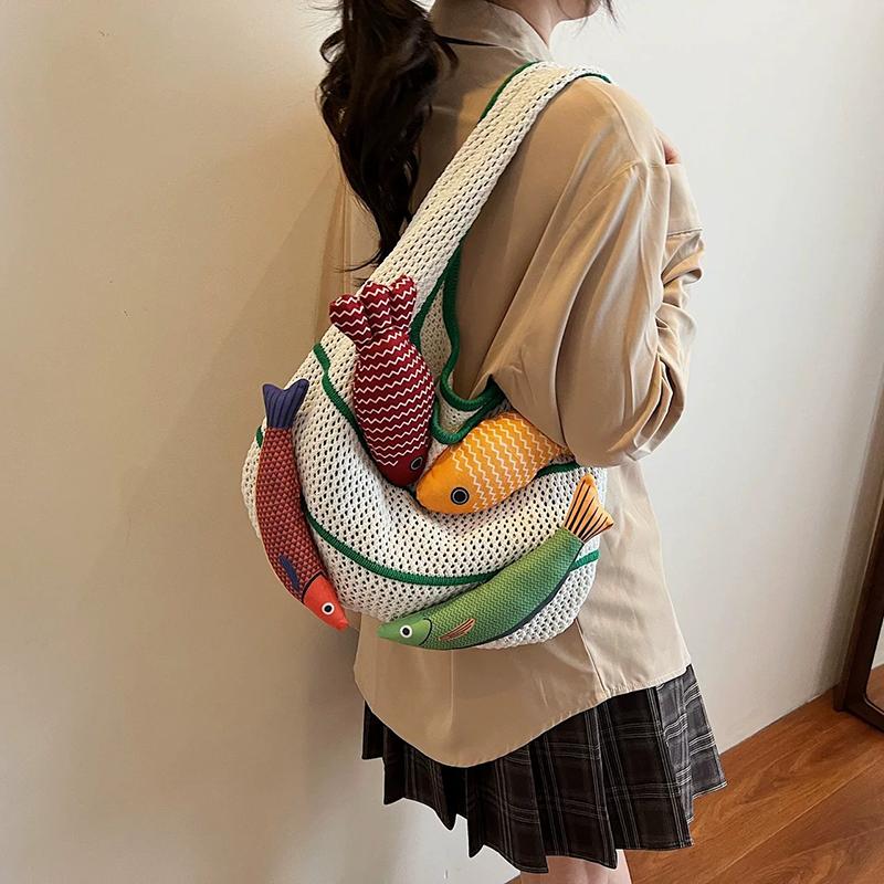 Fish Design Knitting Shoulder Bag Woven Hand Bag Beach Bag Holiday Travel Shopper Shopping Purse for Women