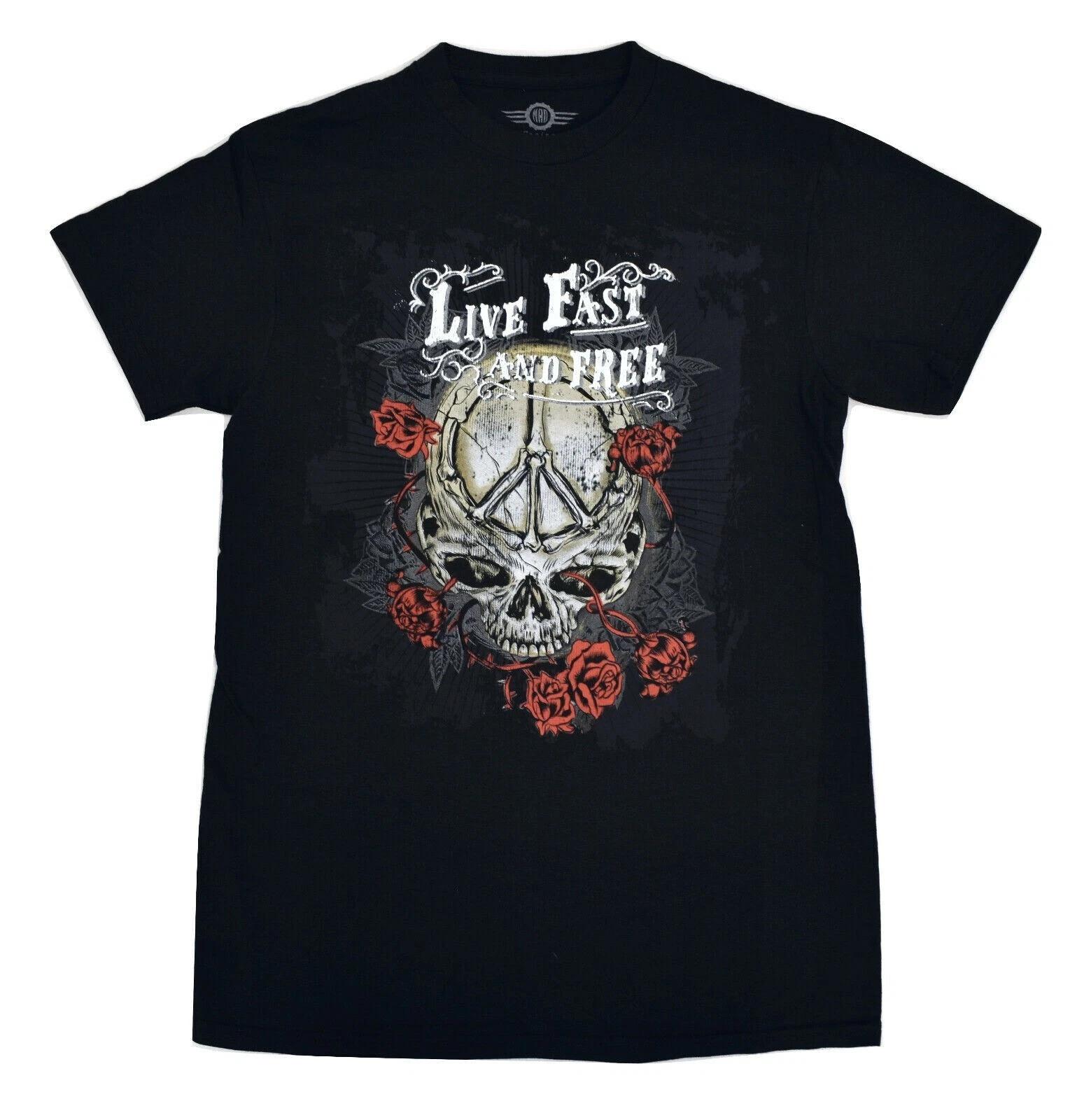Mad Engine Mens Live Fast Live Free Peace Skull Roses Black Shirt New M XL