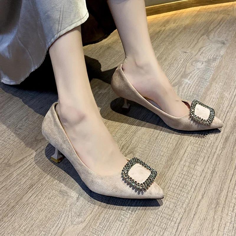 Fashion Women Mid Heeled Sandals Black Square Buckle Pointed Thin Heeled Baotou Banquet High Heeled Shoes Womens Shoes Tacones Mujer