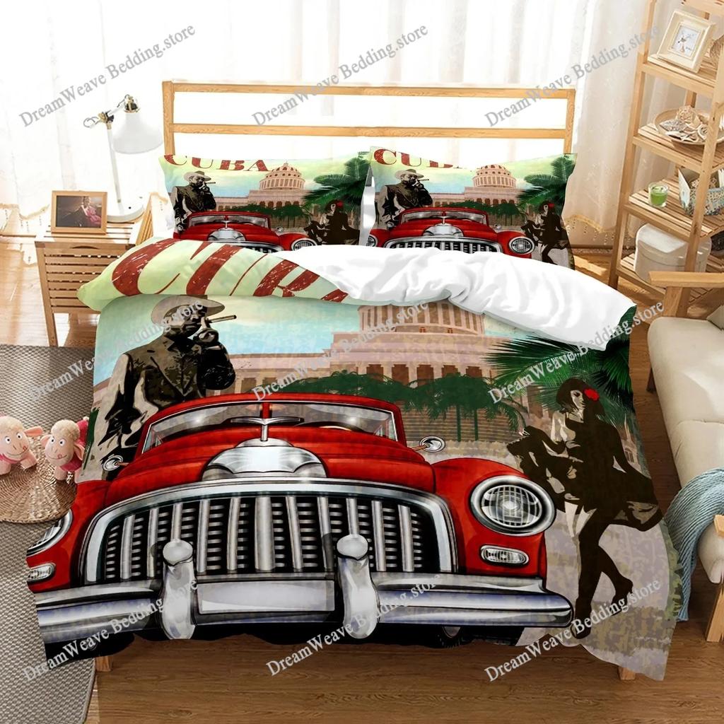 New York Statue of Liberty Duvet Cover KingQueen Size Retro Car Nostalgic 50s Polyester Bedding Set,Vintage Car Quilt Cover9639