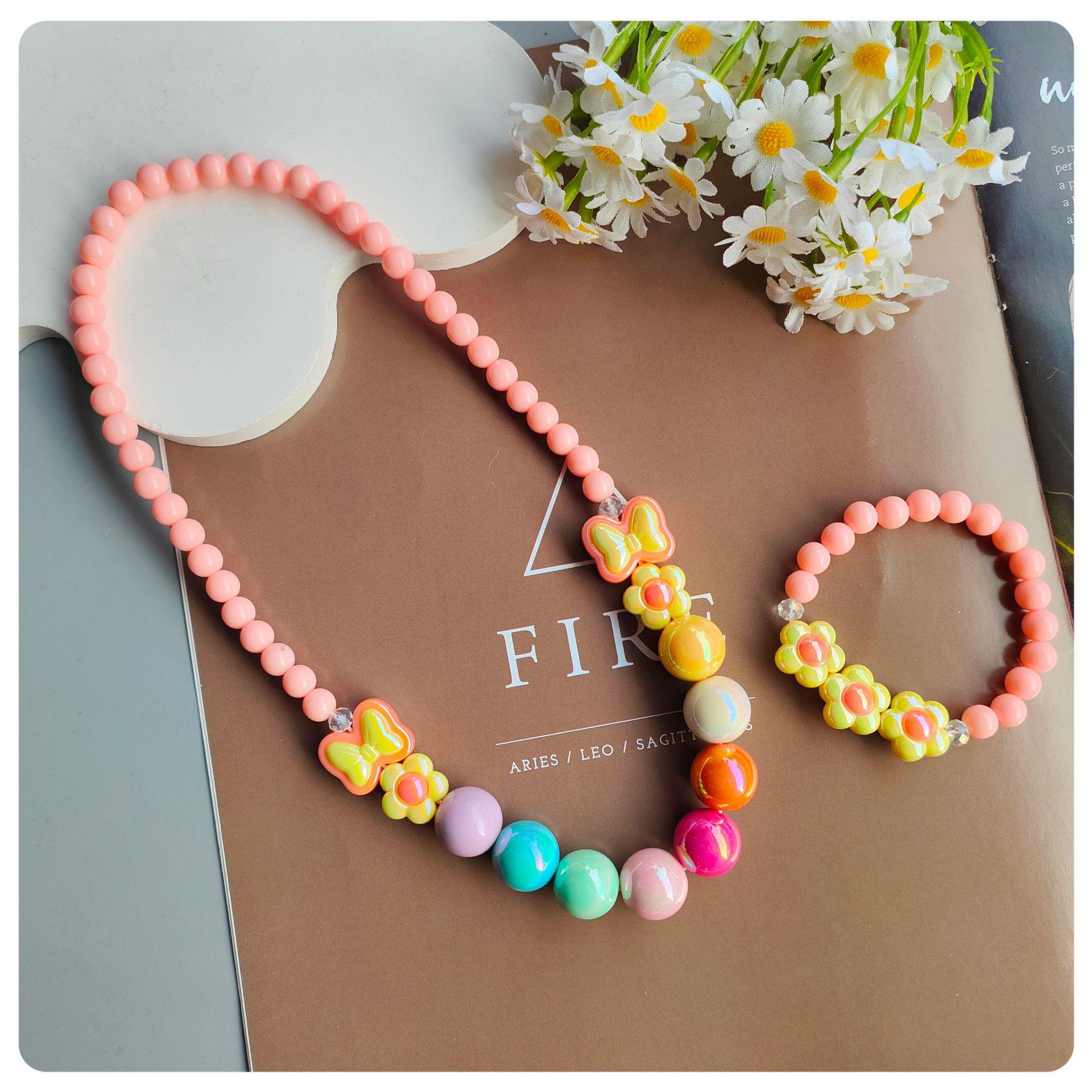 Kids Colorful Bow & Flower Necklace and Bracelet Set with Large Round Beads