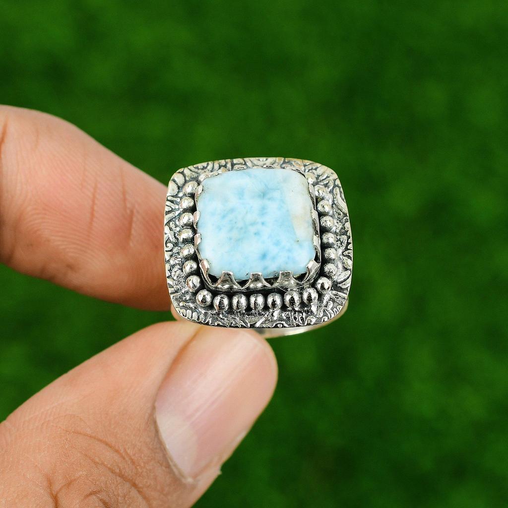 925 Silver Larimar Gemstone Solitaire Throat Chakra Handmade Wife Ring Size 8.5