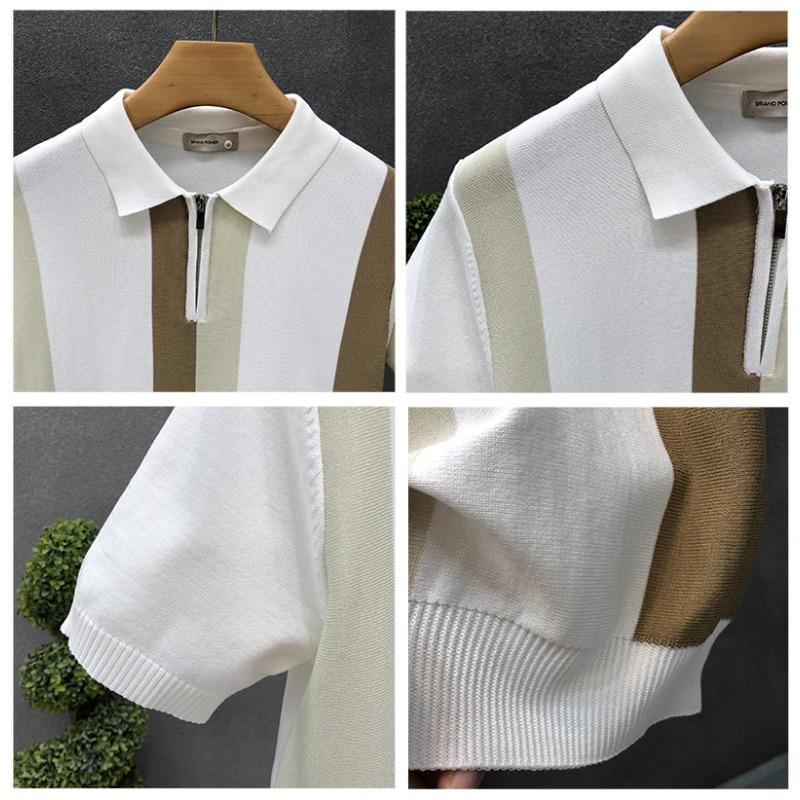 Half Zip Western-style Ice Silk Thin Short Sleeved Sweater Men Summer Cool Knit T-shirt Men Mens Polo Shirt