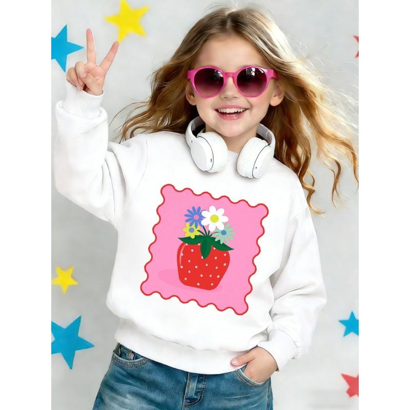 Kids Crewneck Sweatshirt, Cartoon Strawberry & Floral Graphic Print, Spring Autumn Casual Tops