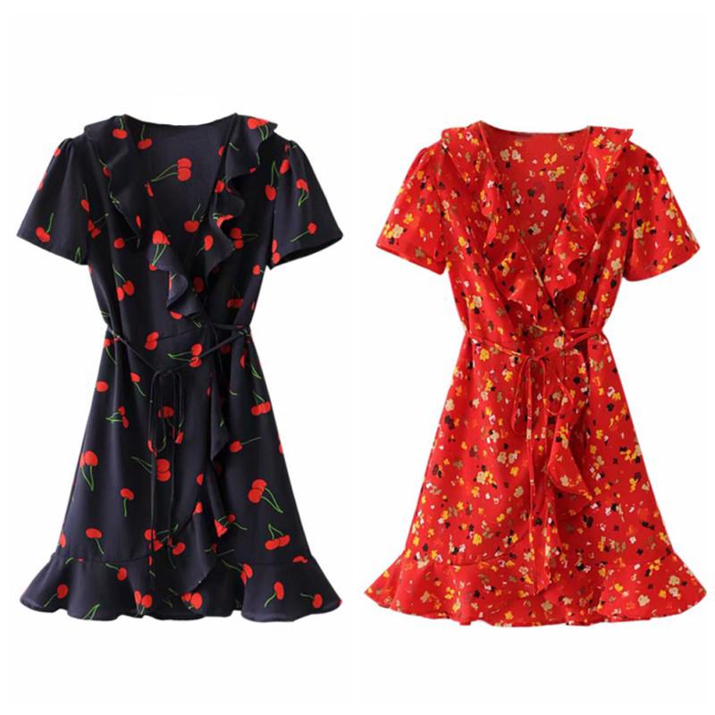 Buy Women's Deep V Neck Short Sleeves Floral Print Slim Waist Boho ...