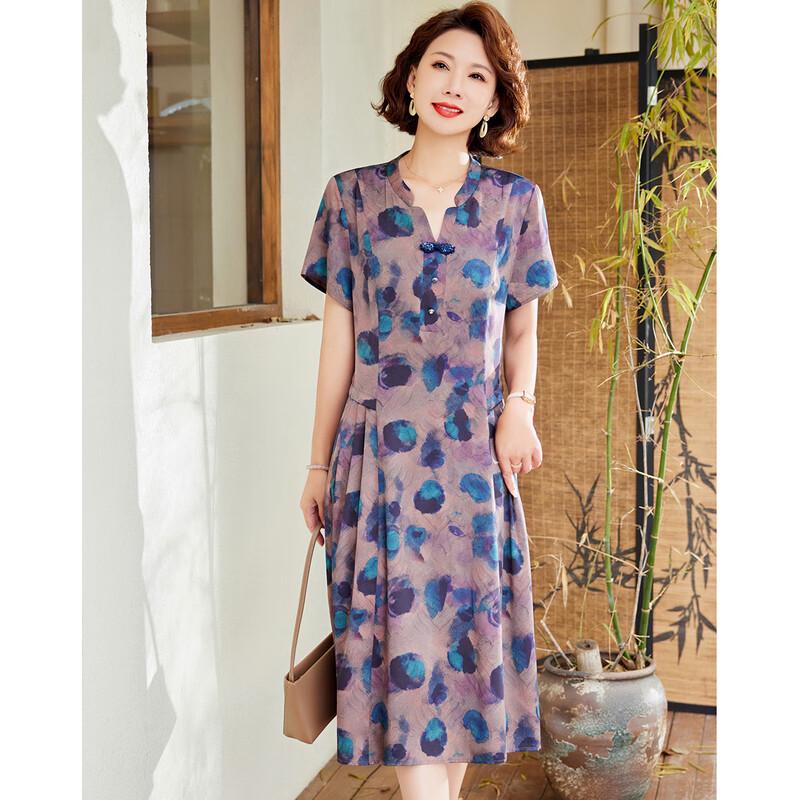 Pasiter Summer Chinese Style V-neck Qipao Button Printed Midi Dress