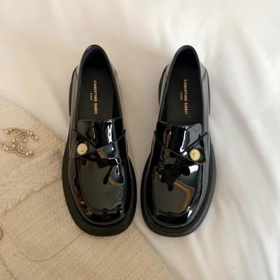 Soft Bottom Single Shoes Small Gold Coin Thick Bottom Stomping Heel Lazy Chunky Heeled Loafers Women's Small Leather Shoes