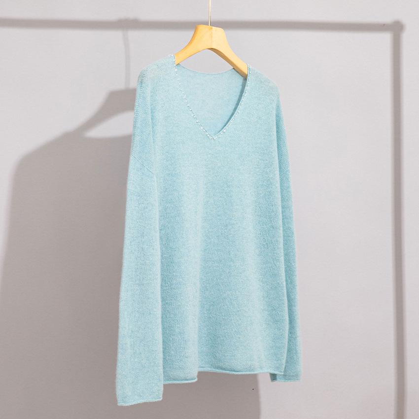 

Женский пуловер из чистого кашемира с V-образным вырезом и стразами - Свободный, универсальный кардиган с длинным рукавом One Size (100-135 jin)