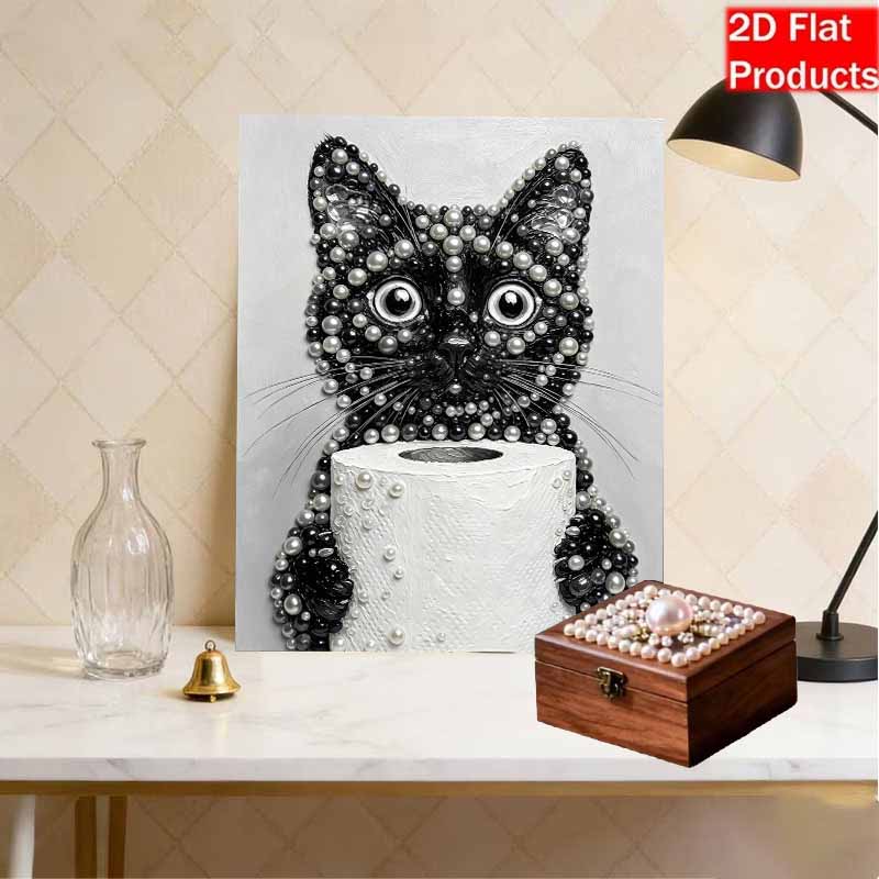 5D Pearl Painting Kit Framed with Funny Black Cat Toilet Paper Design Sparkling Bead Art Canvas DIY Relaxing Craft for Wall Decor Gift
