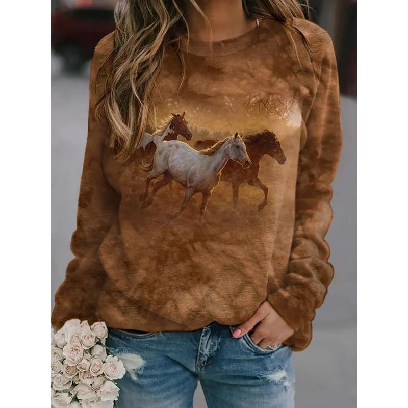 Cowboy Horse 3D Print Sweatshirts Women Crew Neck Long Sleeve Hoodies Raglan Sleeves Pullovers Y2k Harajuku Tops Female Clothing