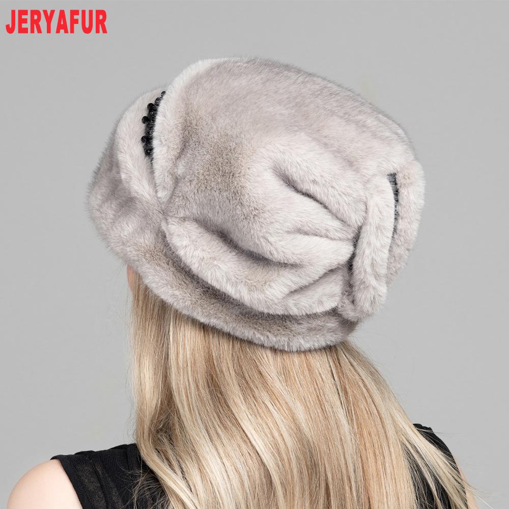 JERYAFUR Women Winter Faux Fur Hat, Elegant Beaded Decor Warm Luxury Ladies Snow Hat for Cold Weather