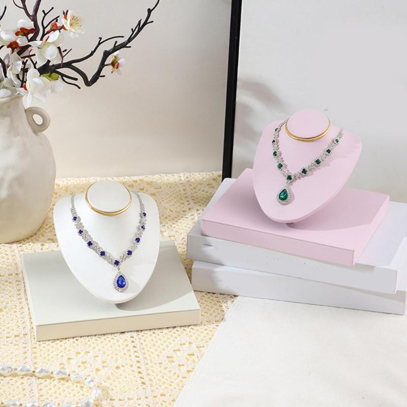 Necklace Display Bust Stand, Leather Covered Jewelry Display Stand with Angled Form and Square Base for Counter Showcase