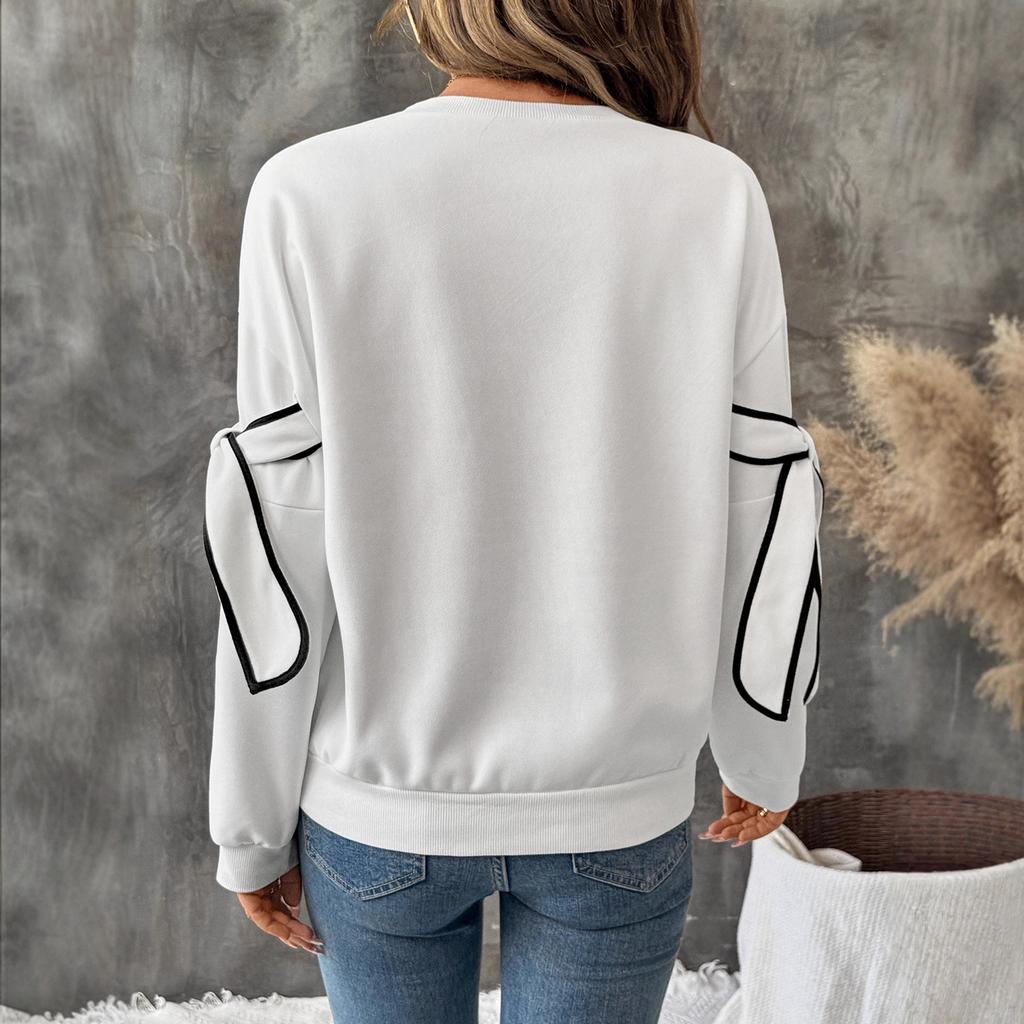 Autumn's New Contrasting Color Three-dimensional Bow Round-neck Long-sleeved Pullover Hoodie for Women
