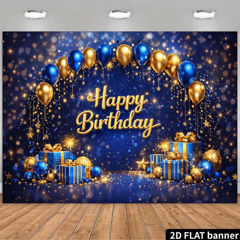 

2D Blue Gold Sparkle Birthday Backdrop Banner Men Boys Happy Birthday Party Decor Background 47.2x31.5inch/120*80cm