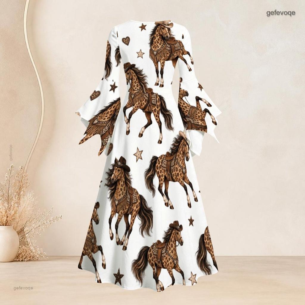 Women Plus Size U Neck Bell Sleeve White Crown Leopard Print Maxi Dress