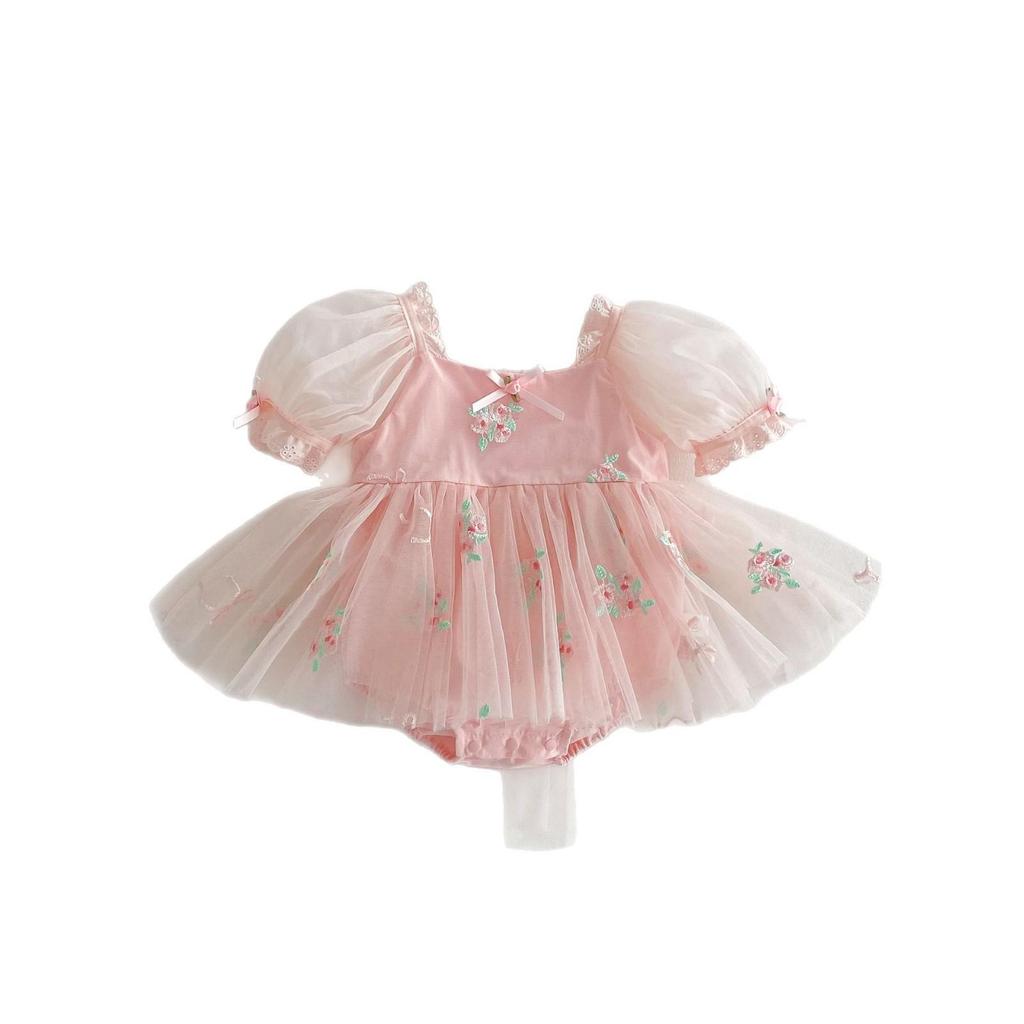 2025 Babyjente Romper med Puffermer, Sløyfe og Nettingbroderi til Første Bursdag