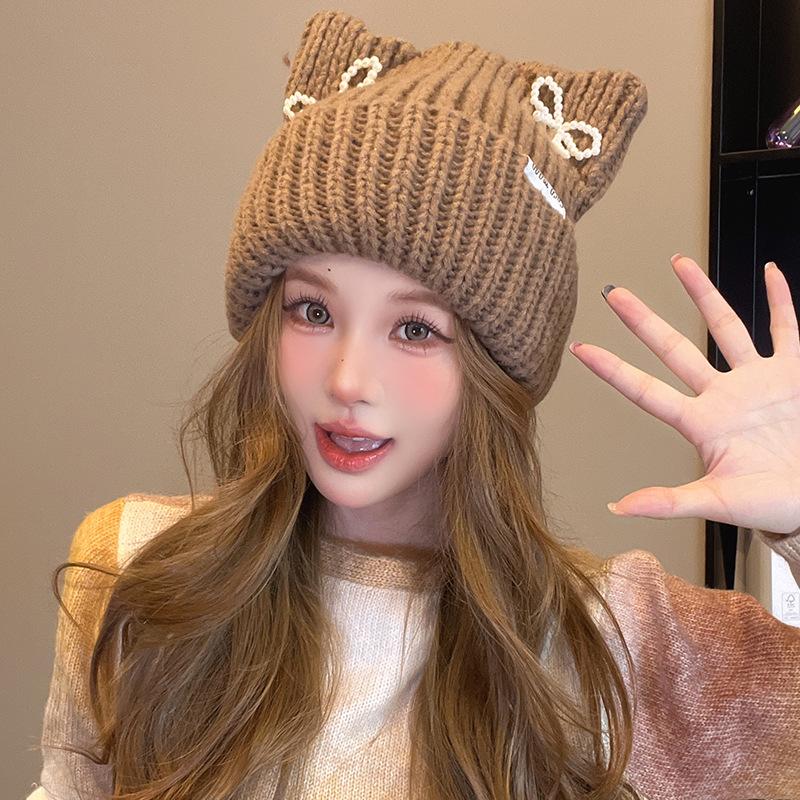 Hat Women's Autumn and Winter Cat Ear Wool Hat Sweet and Cute Bow Warm Knit Hat Ear Protection Cold Pullover Hat