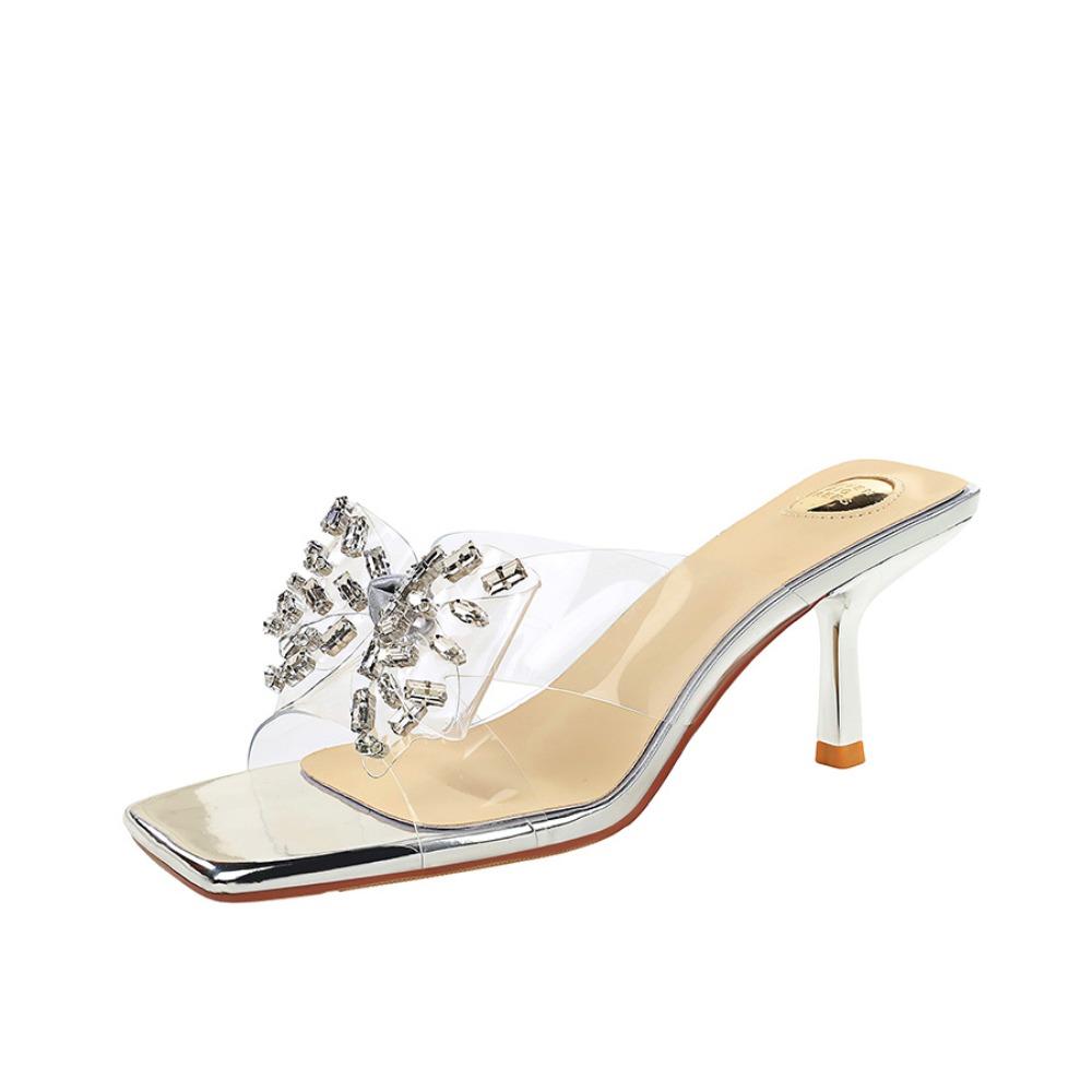 Women European Clear PVC Rhinestone Butterfly Slide Mules, Square Open Toe Sexy Slip On Thin Stiletto Heels DS-1927-H157