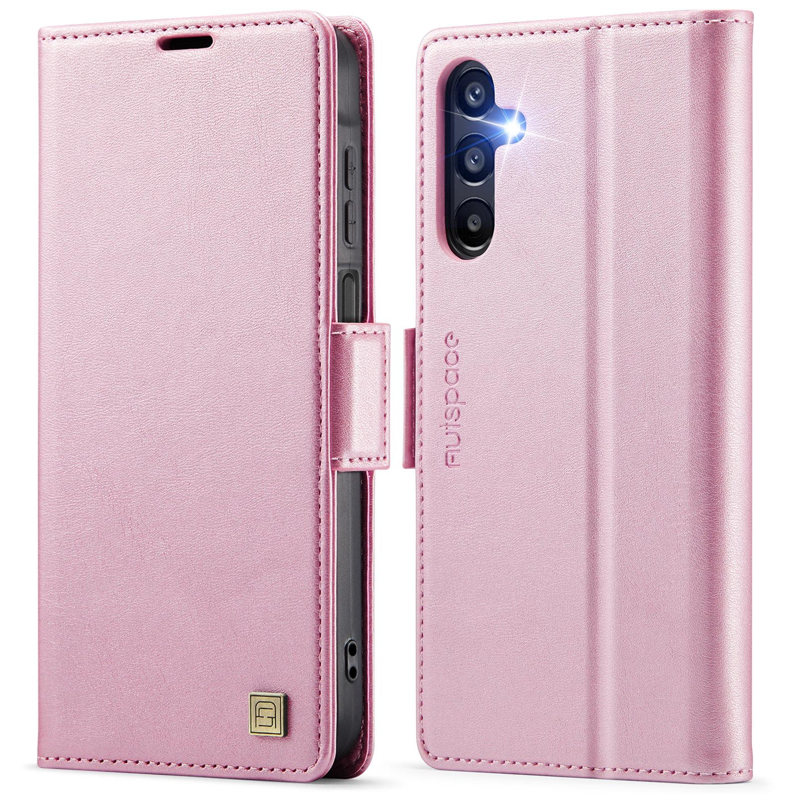 

Чехол для Samsung Galaxy A15 4G/Galaxy A15 5G AUTSPACE A11 Блокировка RFID Ретро Кожаный Чехол-кошелек для мобильного телефона Pink