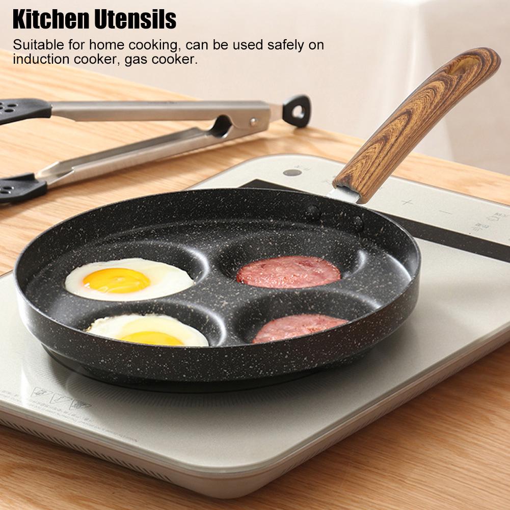 Four Hole Frying Pot Non Stick Cooking Pan Breakfast Maker with Wood Handle Kitchen Utensils