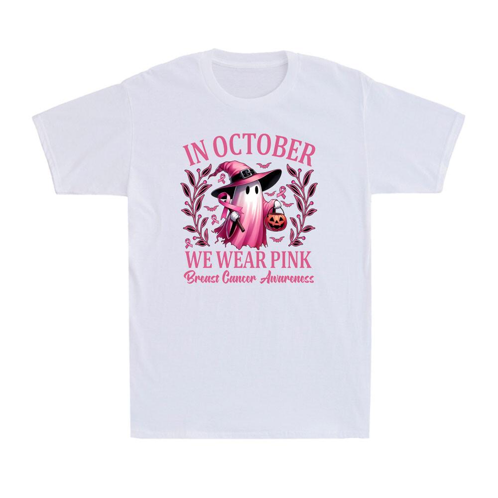 In October We Wear Pink Funny Ghost Witch Breast Cancer Awareness T-Shirt S