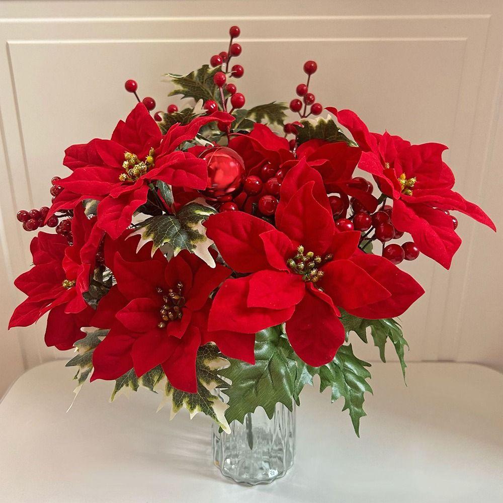 7Branches Artificial Christmas Berry Green Holly Leaves Foam Artificial Plant Red Berries Photo Props Christmas Decorations