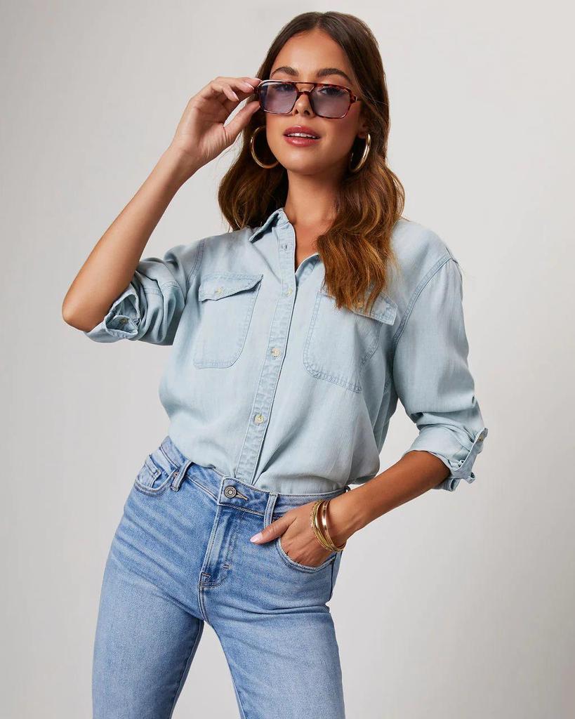 Women's Long-Sleeve Denim Shirt - Casual European & American Style, Autumn, Lapel, Single-Breasted