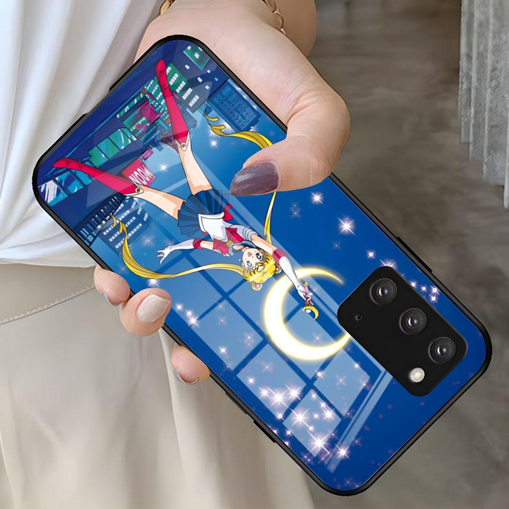 S-Sailor M-Moon Anime Phone Case For Samsung S25 S24 FE S23 S22 S21 Plus S20 Ultra Note20Ultra Black Glass Cover