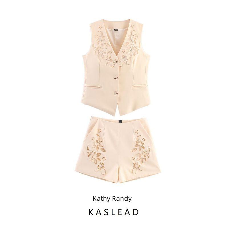 Kaslead New Women Clothes Western Style Hollow Embroidery Style Vest Top Casual Shorts Set