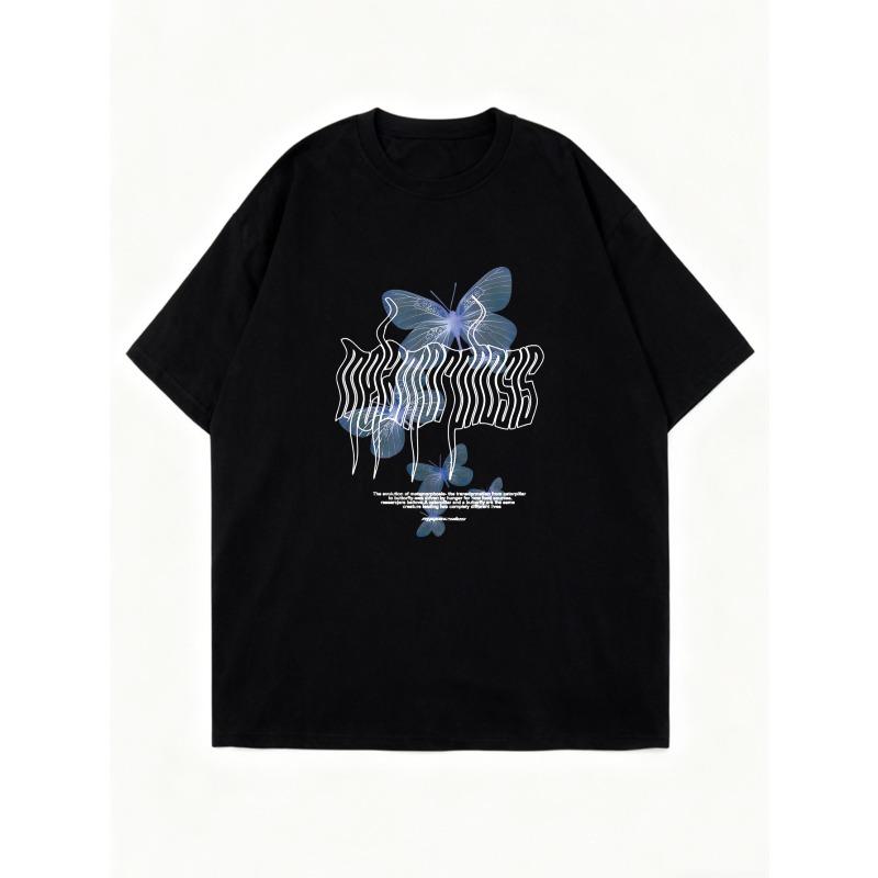 Oversized T-Shirt Black Butterfly And Text Graphic Print Casual Streetwear For Women