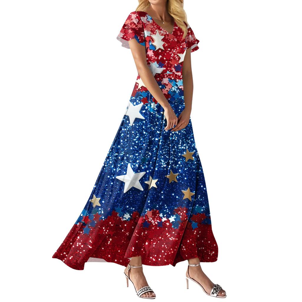 FashWomen's Loose Casual V-Neck Short Sleeved High Waisted Print Dress