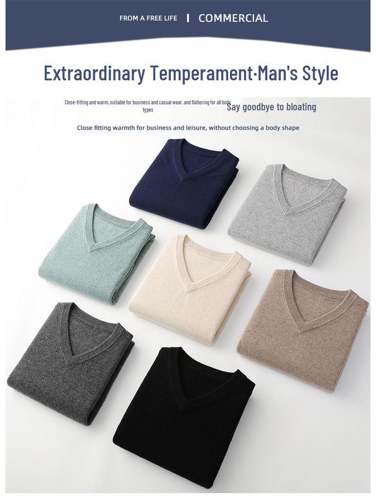 Men's V-Neck 100% Pure Wool Sweater - Solid Color, Short/Long Sleeve, Cashmere Knit Base Layer for Autumn/Winter