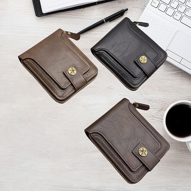 Vintage Horizontal Zipper Men's Wallet Short Card Holder Leather Bifold Wallet Genuine Leather Business Casual Multi-Function Wallet