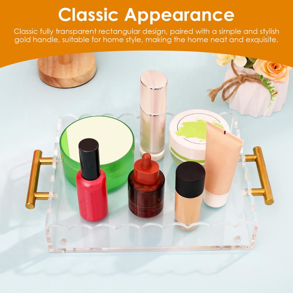 Acrylic Scalloped Tray with Handle and Magnetic Photo frame Mat Decorative Rectangle Desktop  Clear Displaying Organizer Tray