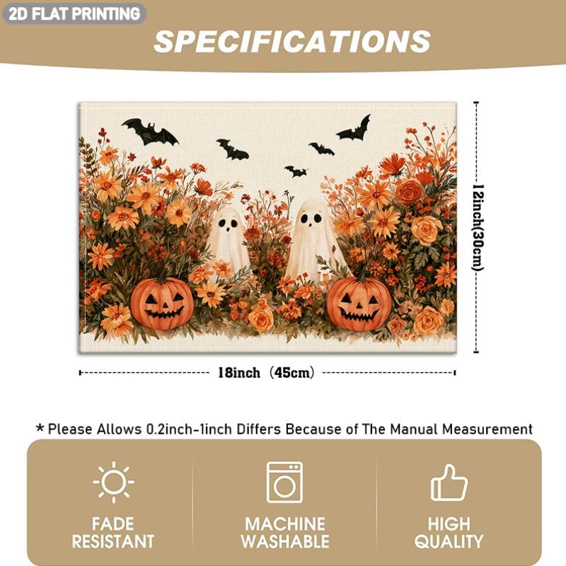 4/6pcs, Halloween-Themed Placemats, Pumpkin, Ghost, Bat, And Floral Pattern Table Mats, Suitable for Indoor/Outdoor Party Restaurant Decor, Kitchen Ta