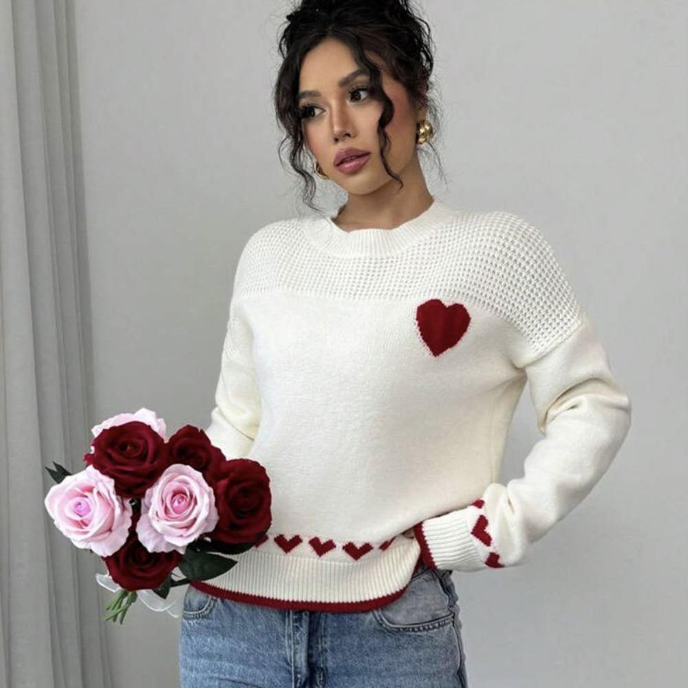 Women's Crew Neck Long Sleeve Knit Sweater Oversized Heart Print Commuter Pullover