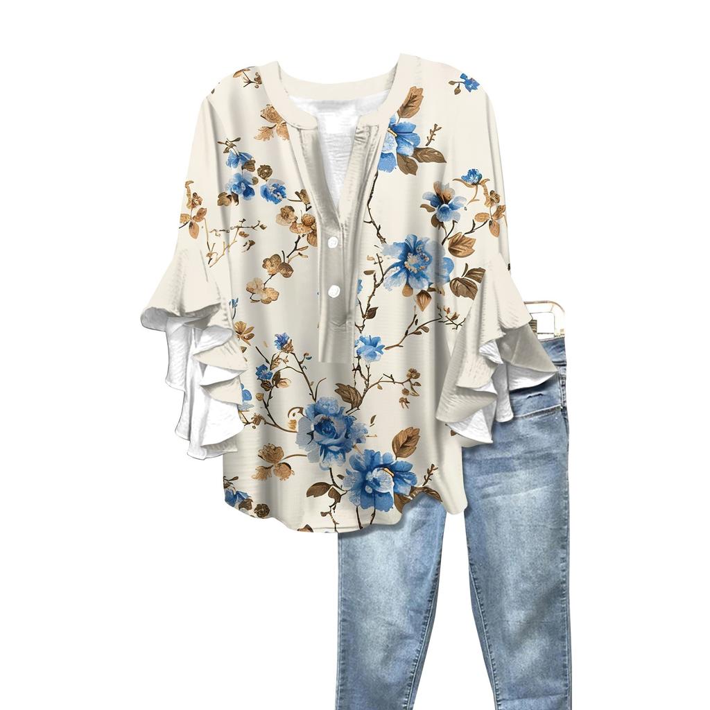 Summer Women's Tops V-Neck Seven Sleeve Shirt Spring Summer Floral Printed Tops Casual Shirt