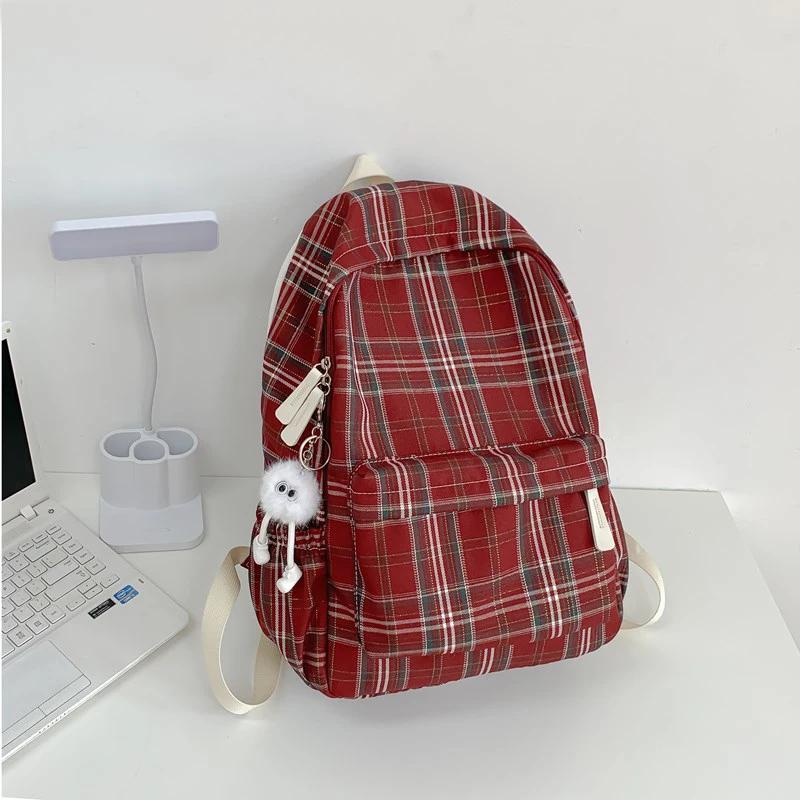 

WTEMPO Школьные сумки в стиле преппи, художественные рюкзаки, универсальные повседневные элегантные дорожные сумки с принтом в клетку и застежкой-молнией with a pendant красный