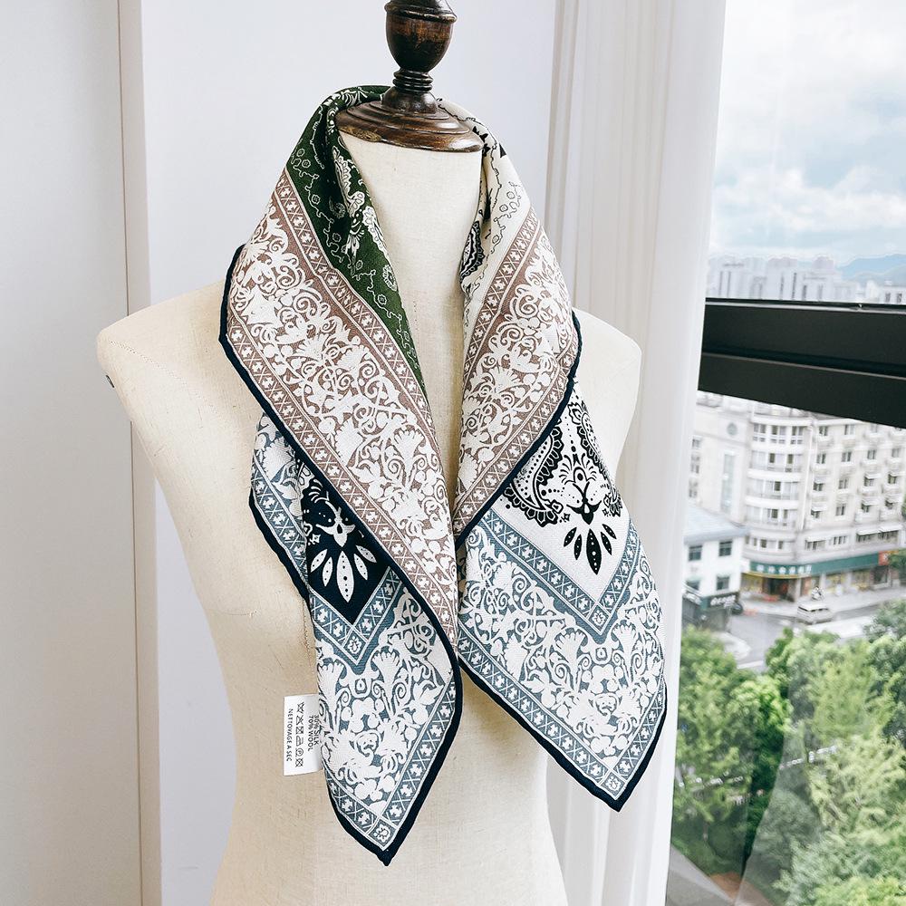 Women's Green French Paisley Silk-Wool Scarf, 70 cm Square, Double-Sided Print, High Quality