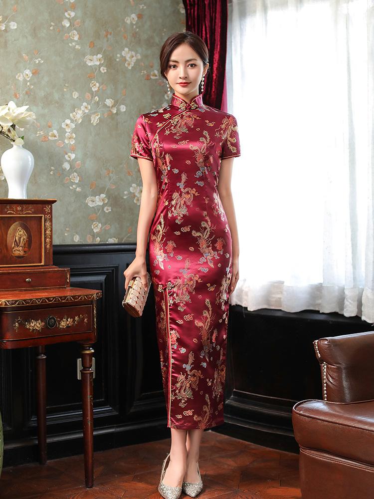 1011 Spring New Short Sleeve Long Brocade Young Retro Red Chinese Style Skinny Women's Dress Large Size