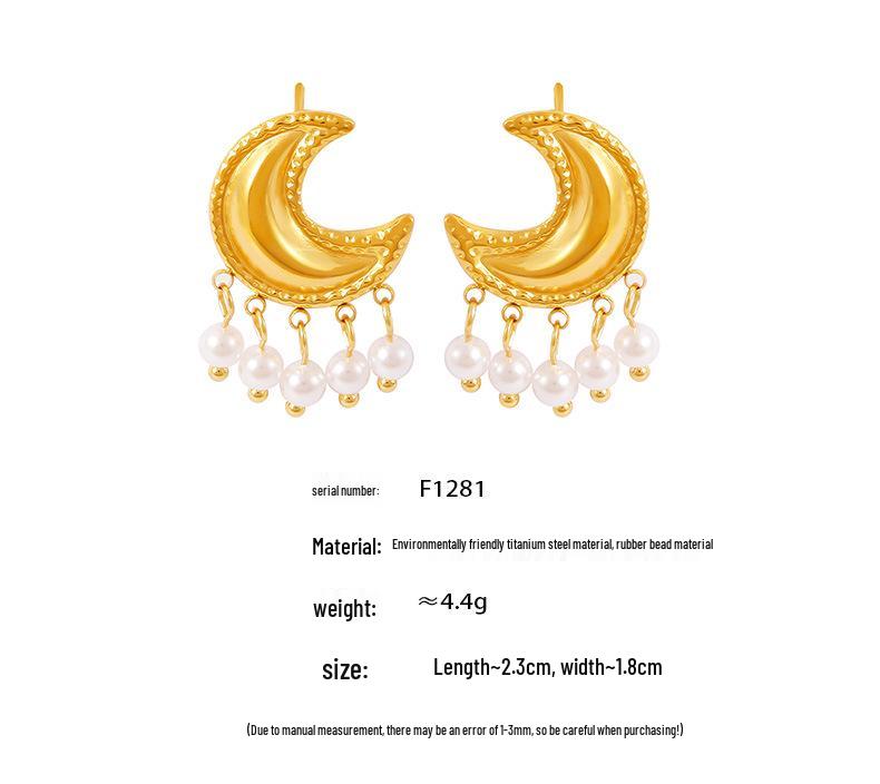 European and American Style Moon Tassel Faux Pearl Earrings: Irregular Geometric Titanium Steel Design