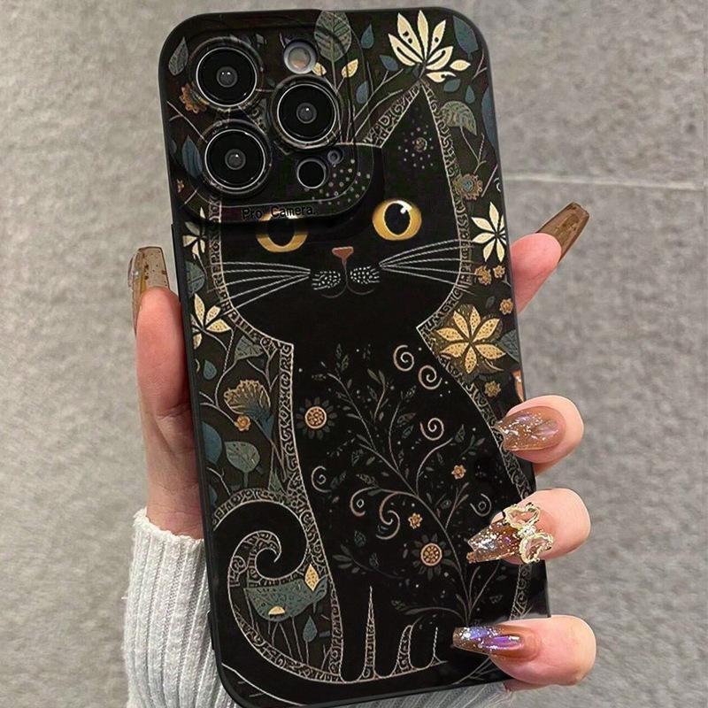 Flower Black Cat iPhone13/14/15ProMax Mobile Phone Case Apple 16/12/11 All Inclusive XS/XR Soft 78p